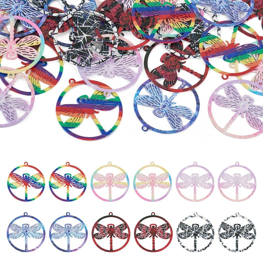 5981 24Pcs 27mm Hollow Flat Round Dragonfly Charms Colorful Stainless Steel